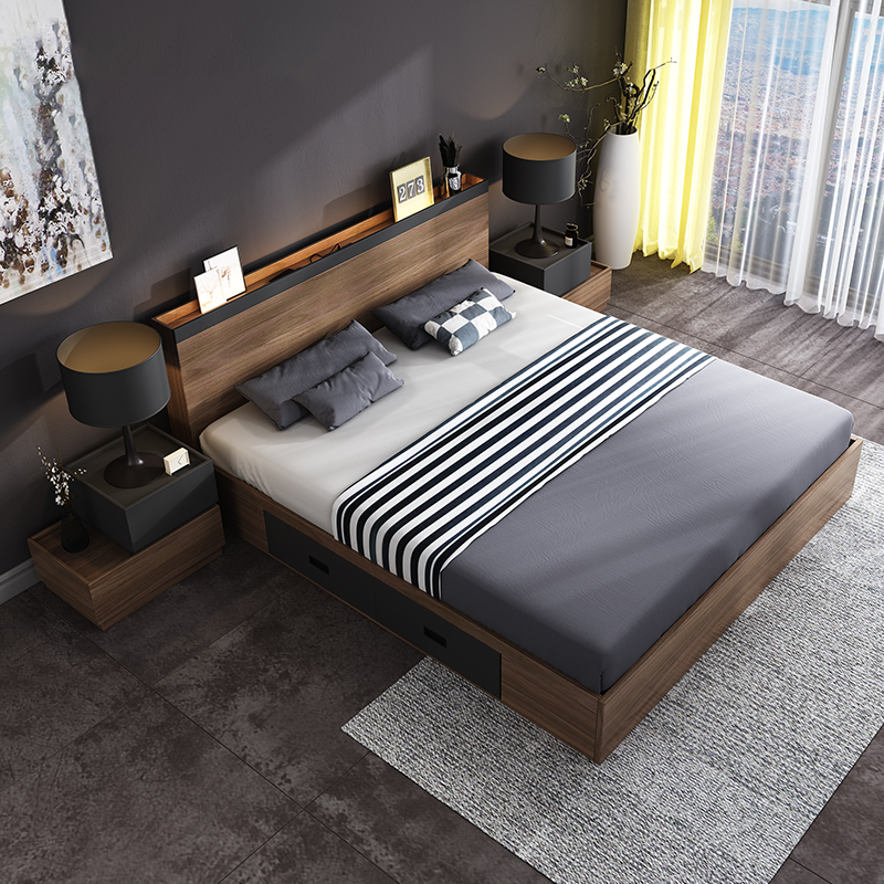 MKE9327 New bedroom set modern adult walnut color bed with storage luxury furniture bedroom bed with mattress