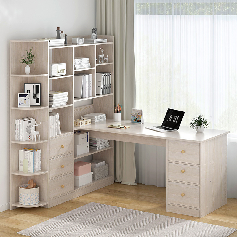 Modern Simple White Wood Computer Desk Study Table With Side Cabinet For Home Office