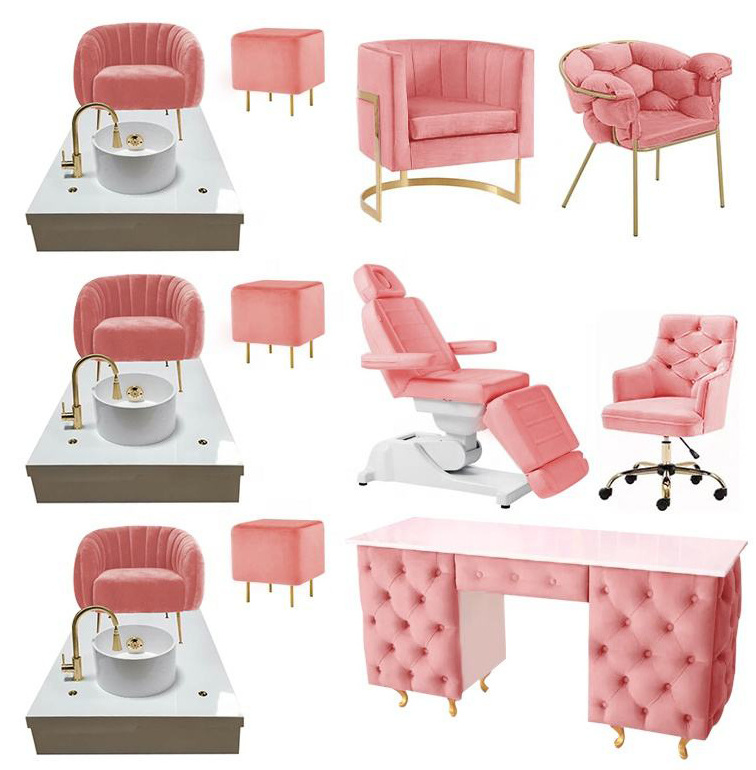 Beauty Nail Salon Furniture Sets Pink Manicure Tables and Pedicure Chairs Hot Pink Pedicure Spa Chair Glass Customized Modern