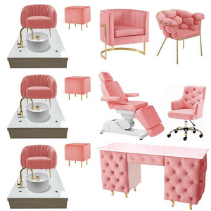 Beauty Nail Salon Furniture Sets Pink Manicure Tables and Pedicure Chairs Hot Pink Pedicure Spa Chair Glass Customized Modern