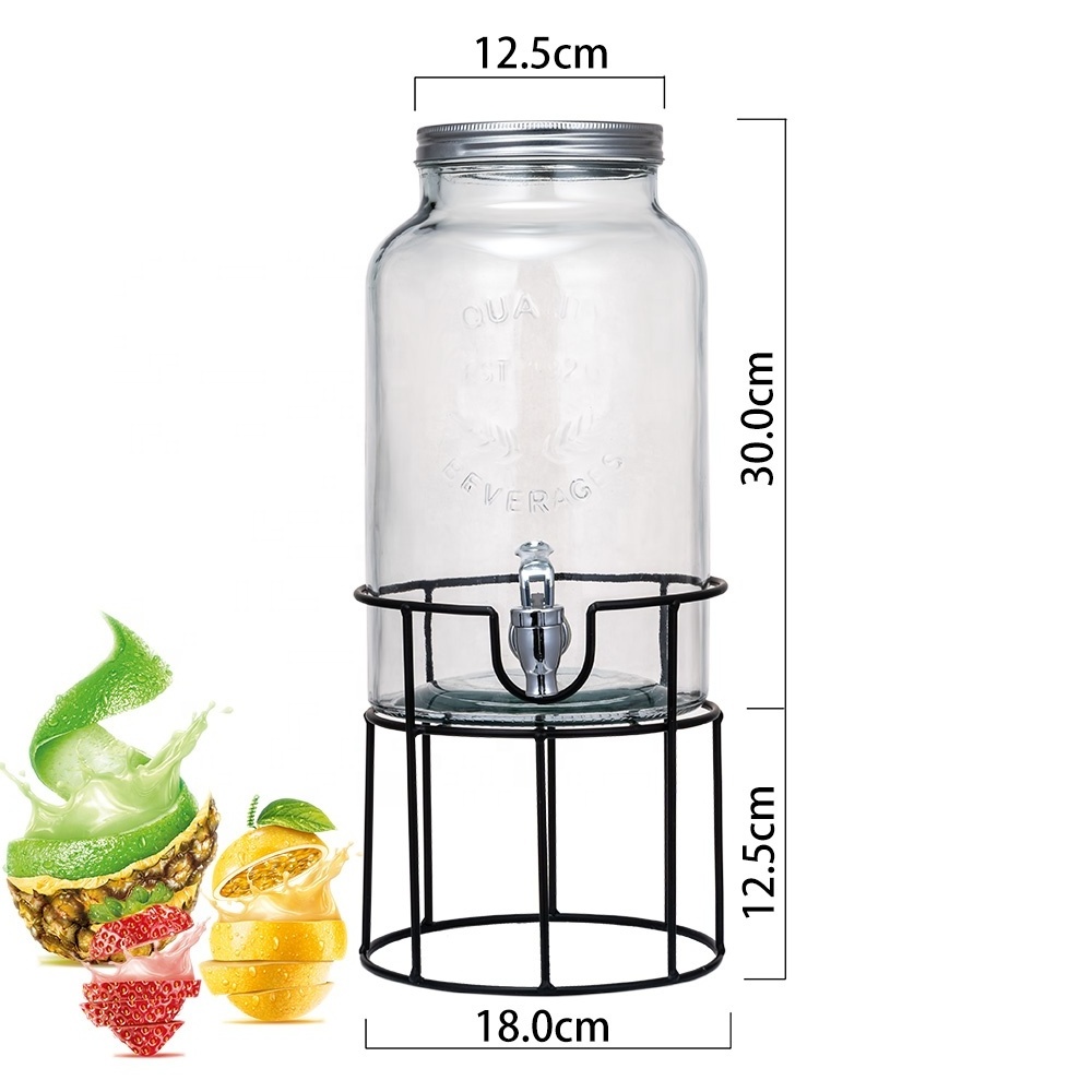 Wholesale 6L gallon Beverage container round glass juice beer cold drink dispenser jar with stainless steel tap and stand