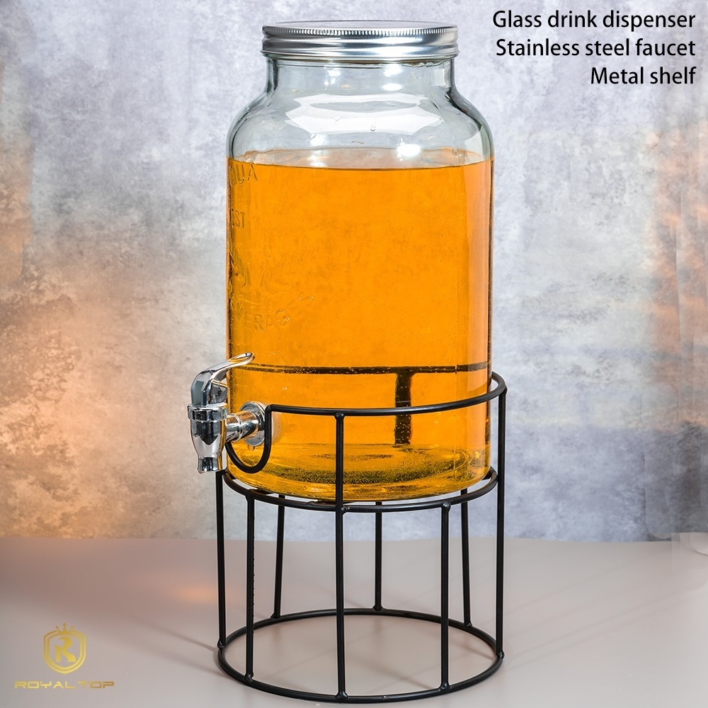 5.5L glass jar with metal lid and shelf glass beverage cold drink juice dispenser for Parties soda lemonade infused water punch