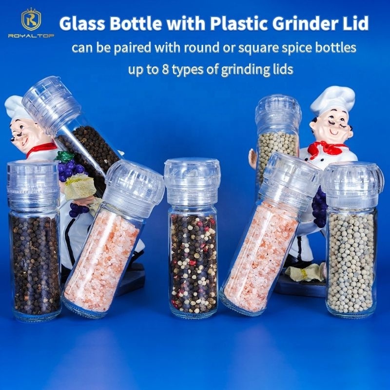 Competitive kitchen transparent plastic lid manual salt and pepper mills 100ml glass grinding bottles spice shaker grinder