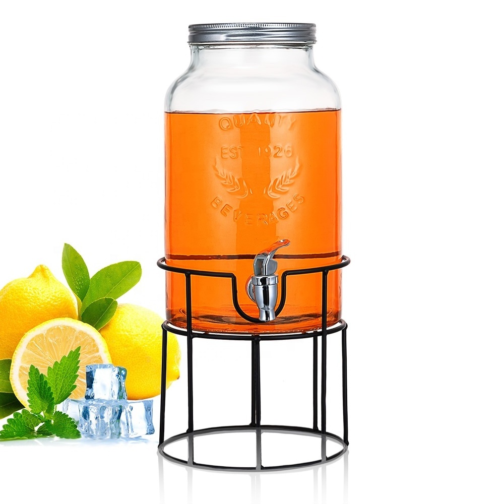 5.5L glass jar with metal lid and shelf glass beverage cold drink juice dispenser for Parties soda lemonade infused water punch