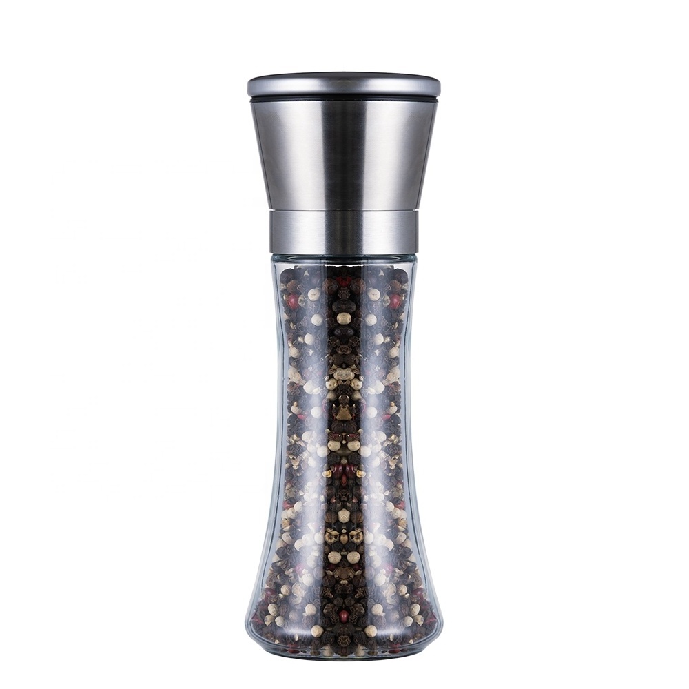 Kitchen dinnerware sets salt pepper mill set glass spices shakers bottles pepper mill with stainless steel grinder lid