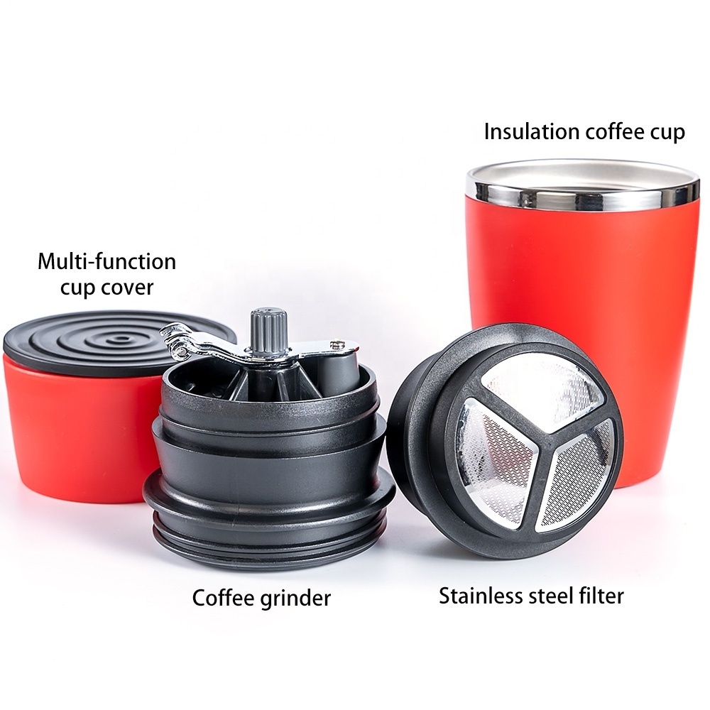 2023 New All-in-One Stainless Steel Insulated Coffee Mug with Portable Coffee Maker Manual Grinder for Travel