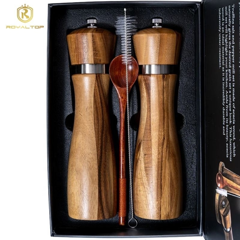 Excellent Salt and Pepper Mills Set Wooden Acacia Wood kitchen shaker Manual sea salt grinder with adjustable ceramic rotor