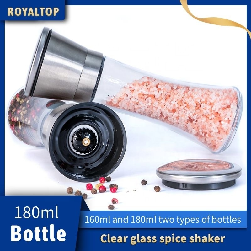 Kitchen dinnerware sets salt pepper mill set glass spices shakers bottles pepper mill with stainless steel grinder lid