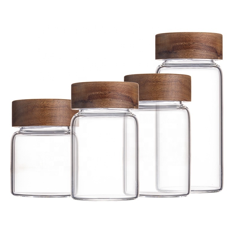 clear glass canister container 6oz 16oz 35oz 60oz airtight acacia wooden cover 800ml borosilicate glass storage jar set