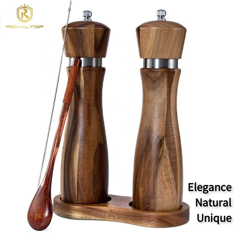 Excellent Salt and Pepper Mills Set Wooden Acacia Wood kitchen shaker Manual sea salt grinder with adjustable ceramic rotor