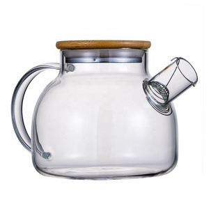 Wholesale bamboo lid tea maker clear heat resistant borosilicate glass tea pot glass jug set with teapot strainer