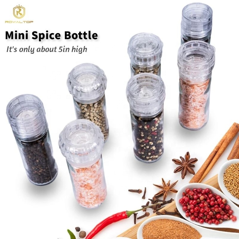 Competitive kitchen transparent plastic lid manual salt and pepper mills 100ml glass grinding bottles spice shaker grinder