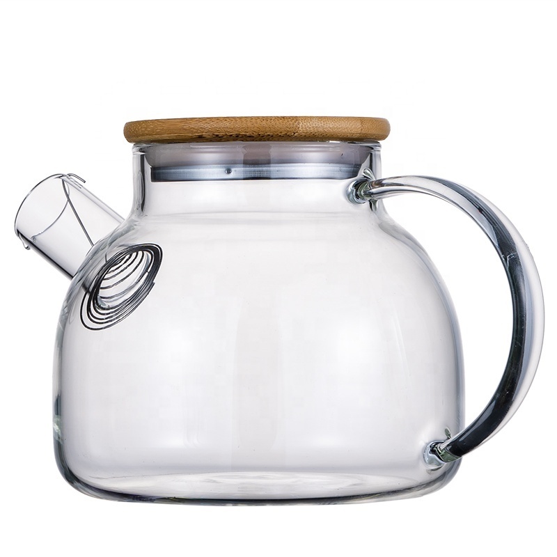 Wholesale bamboo lid tea maker clear heat resistant borosilicate glass tea pot glass jug set with teapot strainer