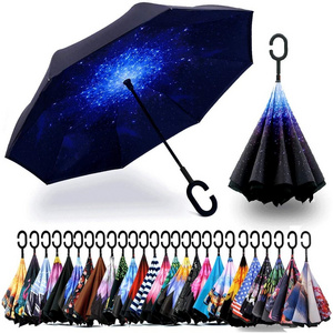 New Inverse Umbrella with Logo Prints Custom Double Layer Inside Out C Shape Handle Design Inverted Folding Reverse Umbrellas