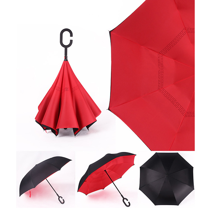 New Inverse Umbrella with Logo Prints Custom Double Layer Inside Out C Shape Handle Design Inverted Folding Reverse Umbrellas