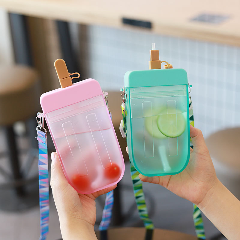 300 ML School Kids Leakproof Water Bottle with Straw - Camping Creative Ice Cream Popsicle Cups with Adjustable Shoulder Strap