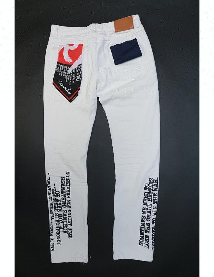 Royal wolf denim garment factory white printed patches jeans men hip hop crazy jeans for men