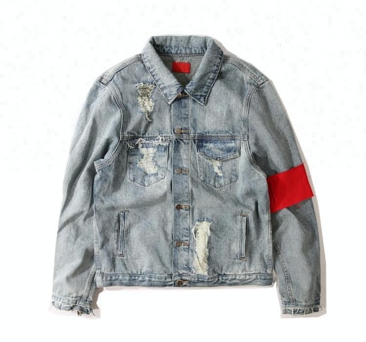 Royal wolf denim jeans jacket factory red sleeve ripped mens denim jacket