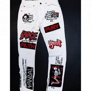 Royal wolf denim garment factory white printed patches jeans men hip hop crazy jeans for men