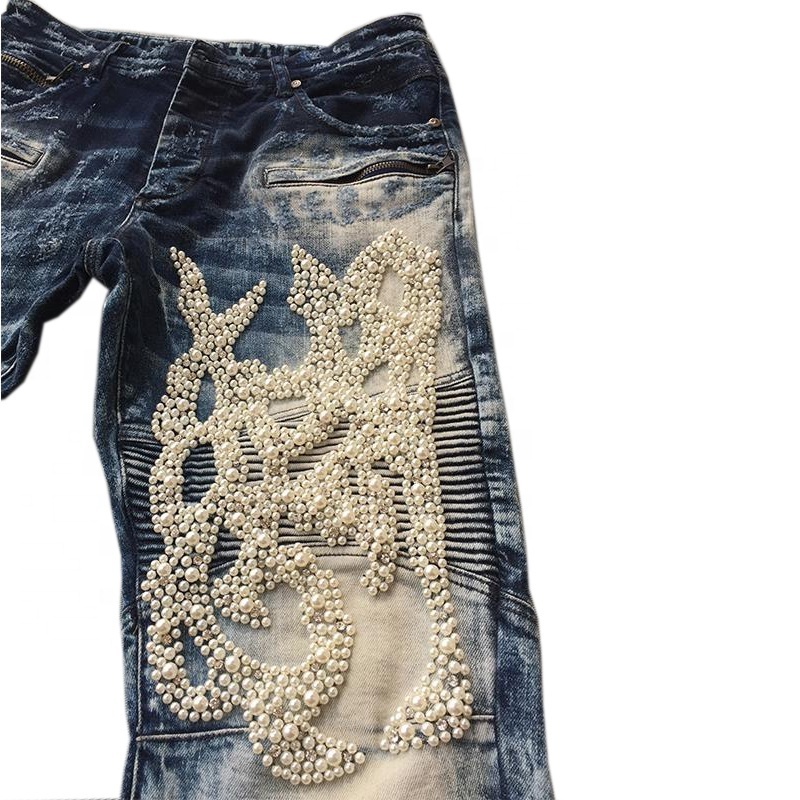 Royal wolf custom rock revival jeans diamond cut jeans clothing wholesale pearl mens rhinestone decorate jeans