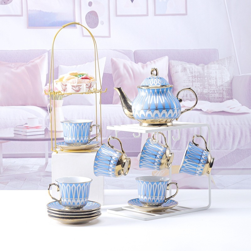 European Coffee Tea Table Set Luxury Teapot And Cup Saucer Set Ceramic Modern Espresso Cup With Metal Holder