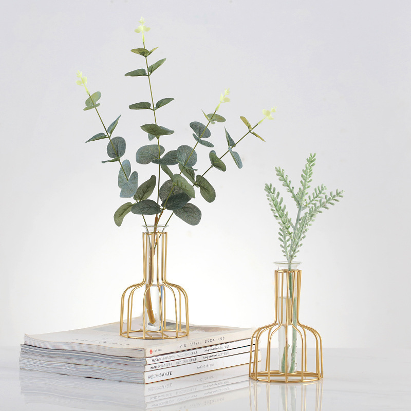 Nordic Creative Gold Metal Frame Water Planting Glass Test Tube Flower Vases Hydroponics Wall Hanging Decor Table Decoration