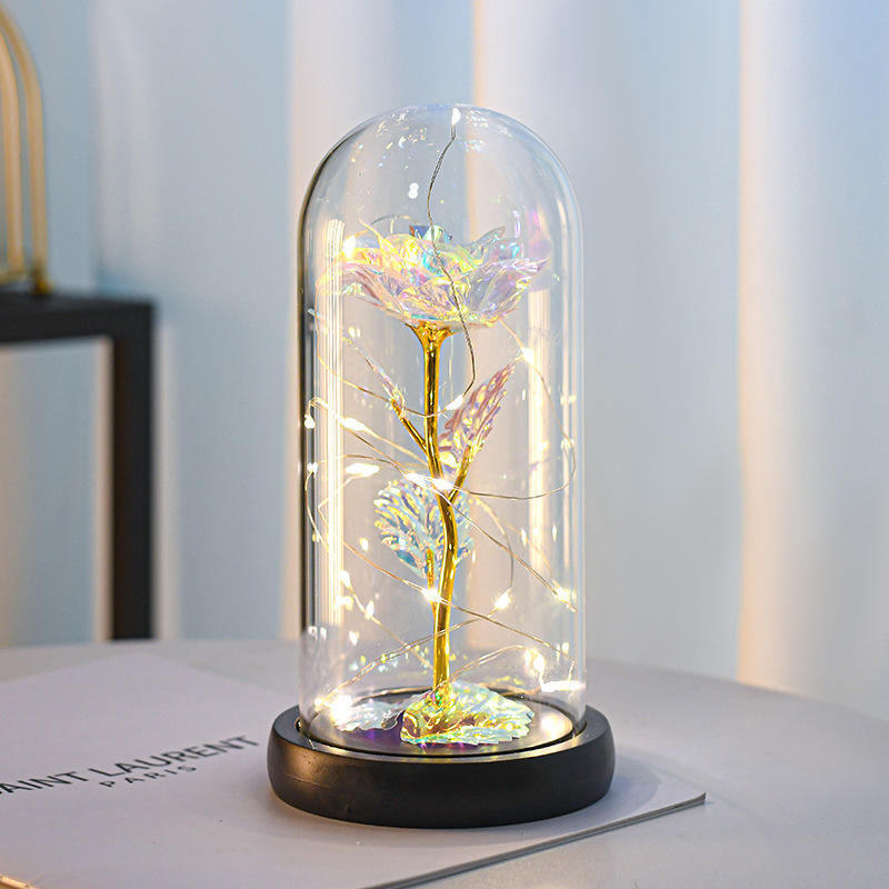 River Rose Wooden Base Battery Operated Led String Lights For Valentine's Day Gift Decoration Glass Dome Rose Led Lights