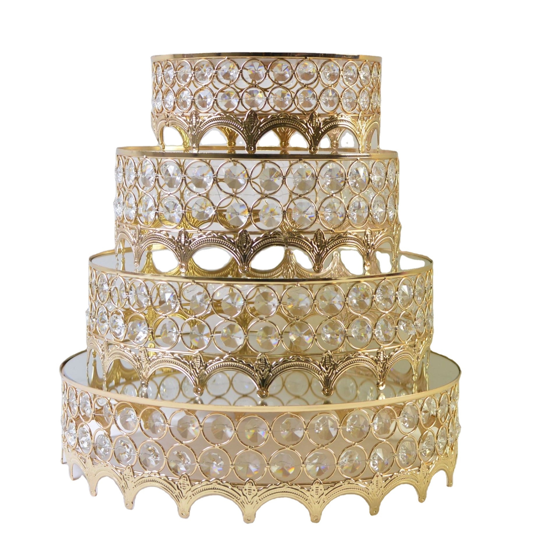 Wholesale Gold Crystal Hollow Cake Dessert Display Stand with Crystal Crown Edge Wedding Tray Stand Set