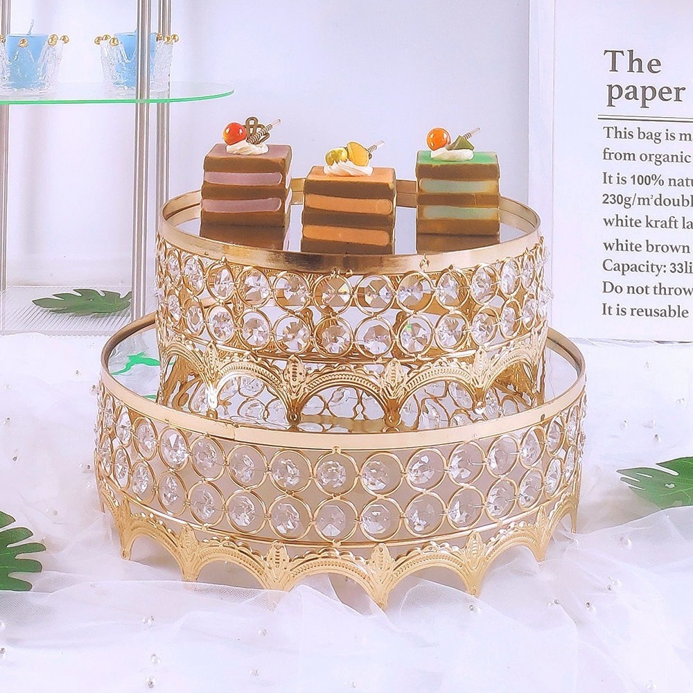 Wholesale Gold Crystal Hollow Cake Dessert Display Stand with Crystal Crown Edge Wedding Tray Stand Set