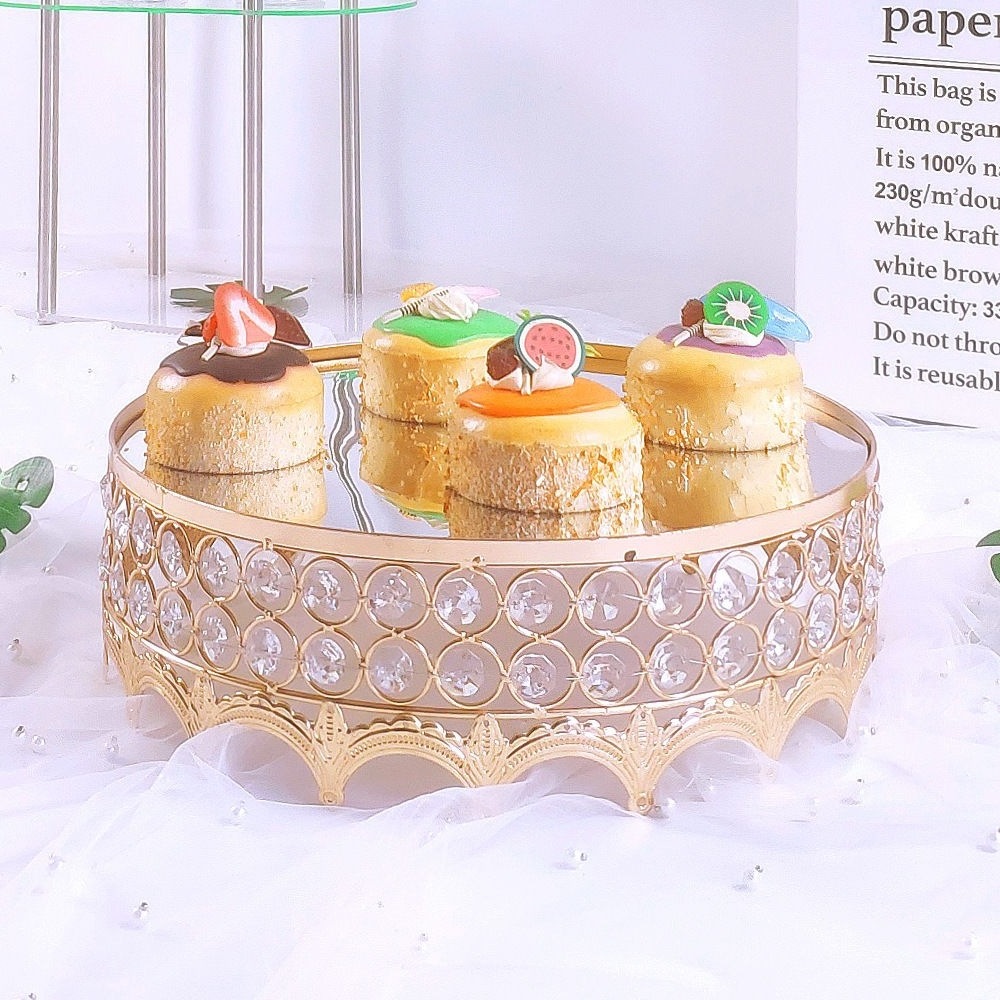 Wholesale Gold Crystal Hollow Cake Dessert Display Stand with Crystal Crown Edge Wedding Tray Stand Set