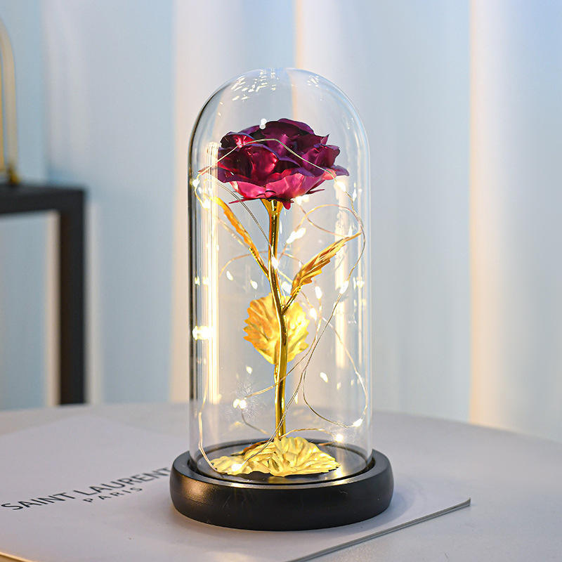 River Rose Wooden Base Battery Operated Led String Lights For Valentine's Day Gift Decoration Glass Dome Rose Led Lights