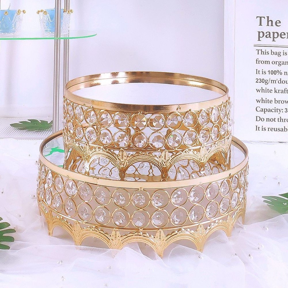 Wholesale Gold Crystal Hollow Cake Dessert Display Stand with Crystal Crown Edge Wedding Tray Stand Set