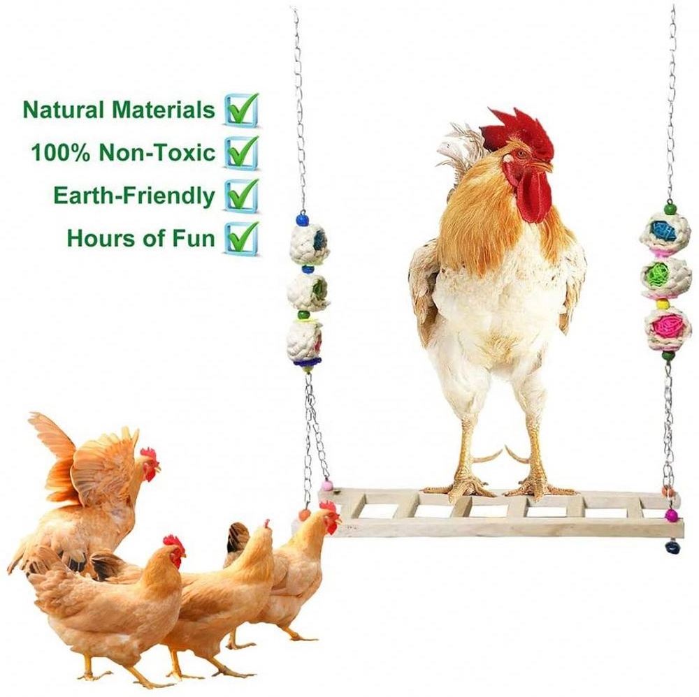 Chicken Swing Natural Wooden Colorful Chicken Toy with Bells for Hens Handmade Chicken Wood Stand Ladder Toys