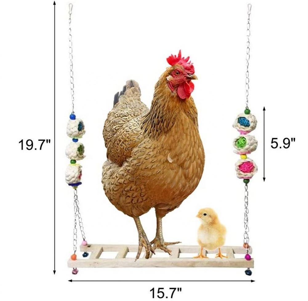 Chicken Swing Natural Wooden Colorful Chicken Toy with Bells for Hens Handmade Chicken Wood Stand Ladder Toys