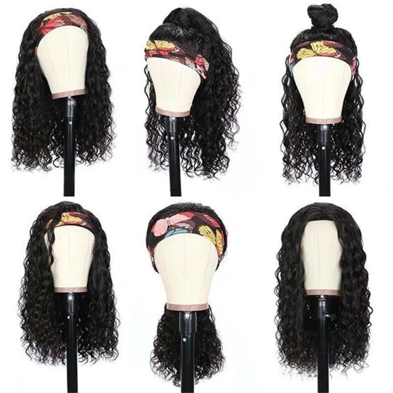 Machine Made No Lace Wigs No Glue and No Sew In More HairHuman Hair Headband Scarf Wig for American American Women