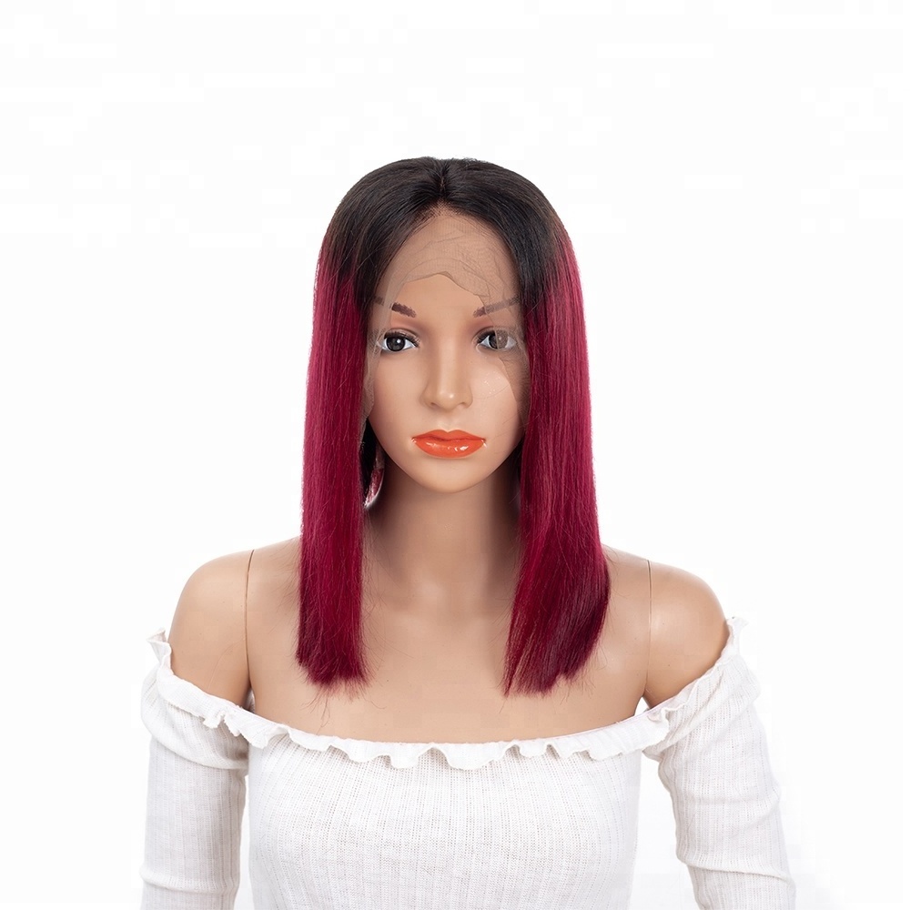 China Hair Manufacturer Straight Wig, Two Tune Color 1b 99j  Short Ombre Lace Front Wigs For Black Women