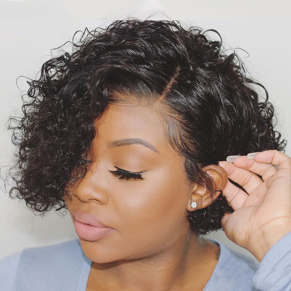 Brazilian Human Hair Water Wave Pixie Cut Short Full Lace Braided Wig For Black Women