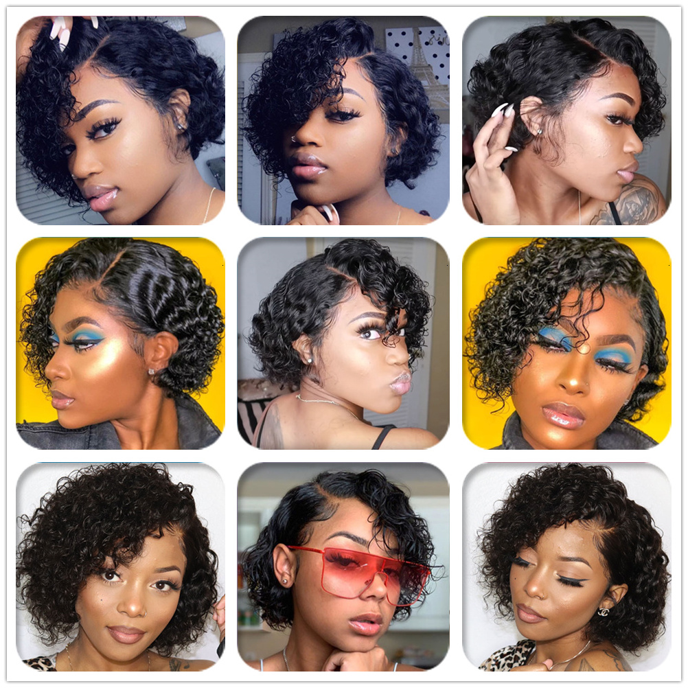 Brazilian Human Hair Water Wave Pixie Cut Short Full Lace Braided Wig For Black Women