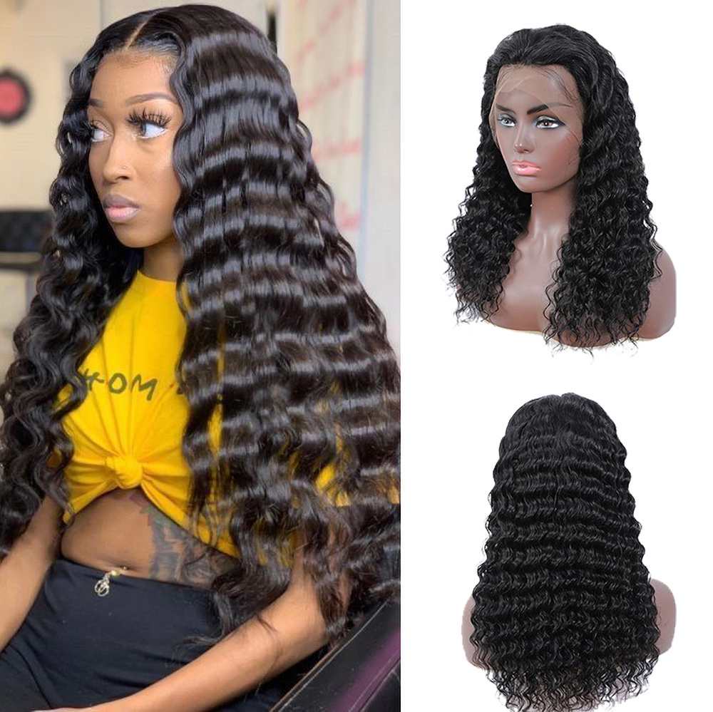 Wholesale Glueless Lace Wig Vendor Peruvian Virgin Human Hair Deep Wave Curly 13x6 Transparent Lace Front Wig With Baby Hair