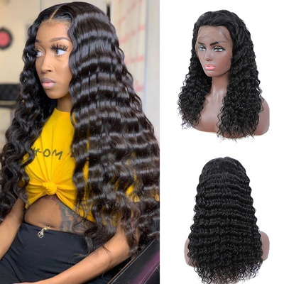 Wholesale Glueless Lace Wig Vendor Peruvian Virgin Human Hair Deep Wave Curly 13x6 Transparent Lace Front Wig With Baby Hair