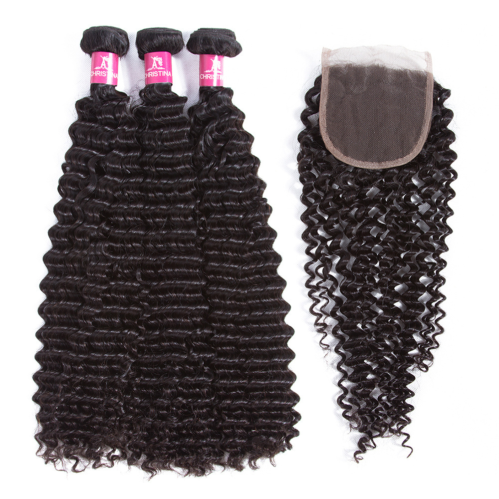 30 32 34 36 Inch High Quality Raw Virgin Peruvian Kinky Curly Human Hair Weaves with Lace Frontal Closure