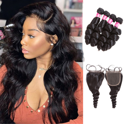 100% Raw Unprocessed Virgin Cuticle Aligned Human Hair Extensions, Peruvian Bulk Hair Loose Wave Bundles With Lace Closure