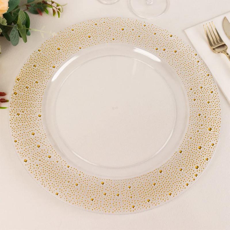 Clear Gold Pearl Beaded Disposable Wedding Charger Plates Round Plastic Serving Plates With Dotted Rim