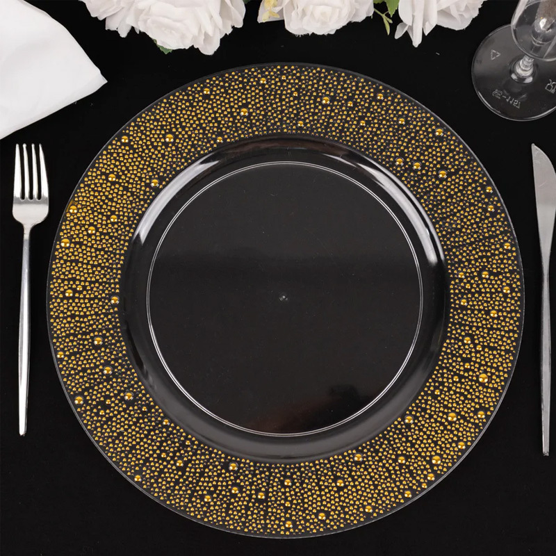 Clear Gold Pearl Beaded Disposable Wedding Charger Plates Round Plastic Serving Plates With Dotted Rim