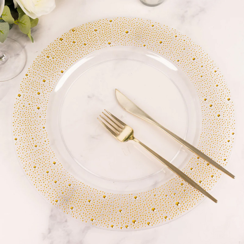 Clear Gold Pearl Beaded Disposable Wedding Charger Plates Round Plastic Serving Plates With Dotted Rim