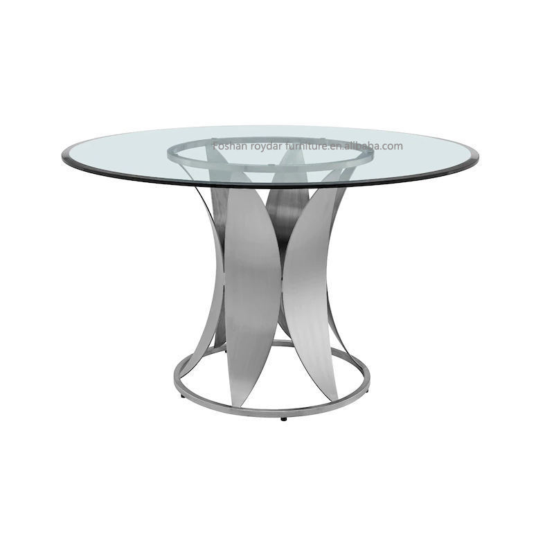 Hot selling modern round shape glass top stainless steel base silver metal base dining table