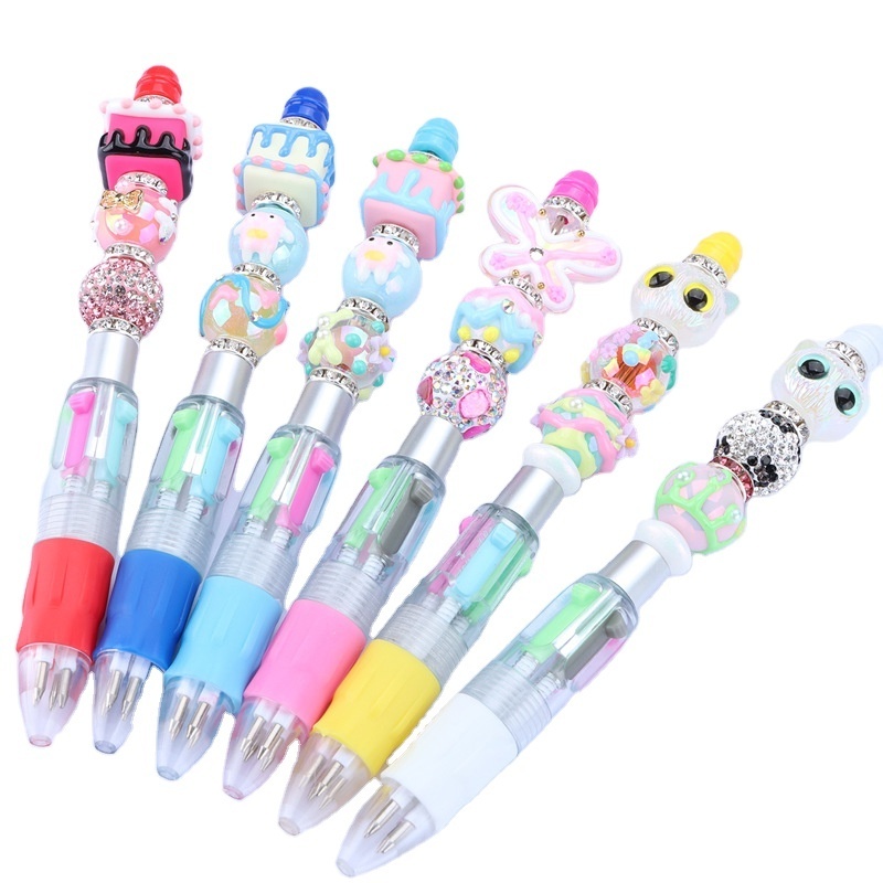 Classic Four-Color Beaded Pen Charm DIY Ballpoint Pen with Silica Gel Beads Can Add Beads to Create Variety Patterns