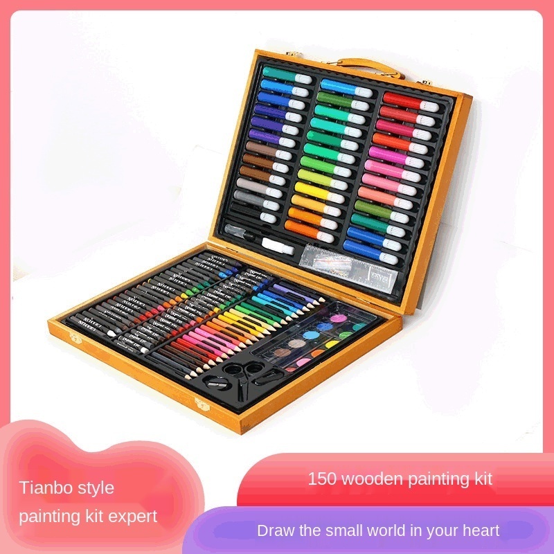 Wooden box 150 piece  case deluxe art set kit with coloring oil watercolor acrylic paint crayons marker pen pencil