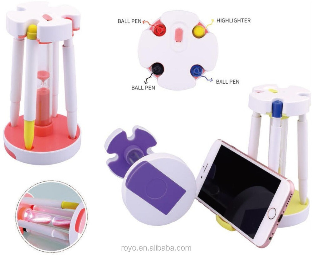 Newest 7 in 1 multifunction pen set with 3 Colour ball pen & highlighter&touch&Mobile phone stand & hourglass sand timer