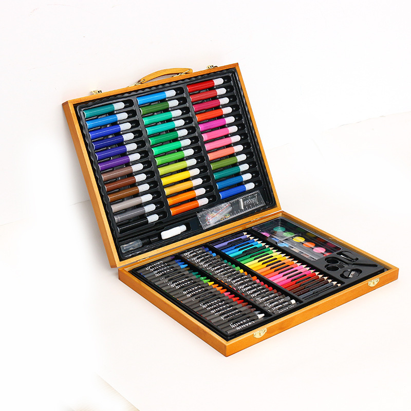 Wooden box 150 piece  case deluxe art set kit with coloring oil watercolor acrylic paint crayons marker pen pencil